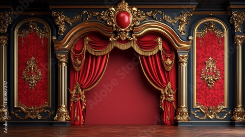 A stage with red curtains, gold trim, and red walls set against a black background.