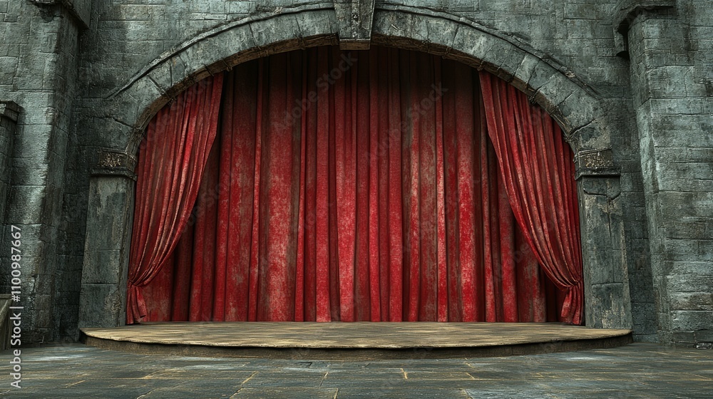 A stone archway with red curtains framing a stage. A stone archway with red curtains framing a stage.