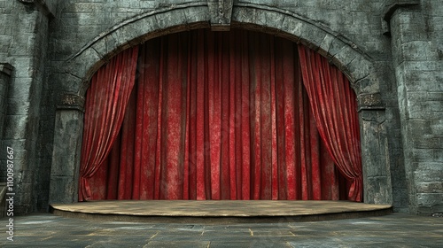 A stone archway with red curtains framing a stage.