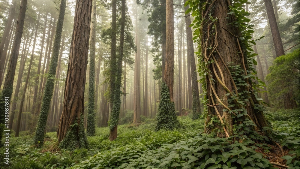 Dense underbrush and thorny vines snaking up towering trunks, foliage, dark forest Dense underbrush and thorny vines snaking up towering trunks, foliage, dark forest
