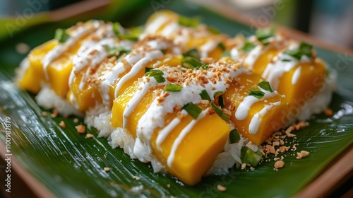 Delicious Mango Sticky Rice Dessert Served on a Leaf with Topped Coconut Cream, Crispy Peanuts, and Green Onions in a Tropical Setting