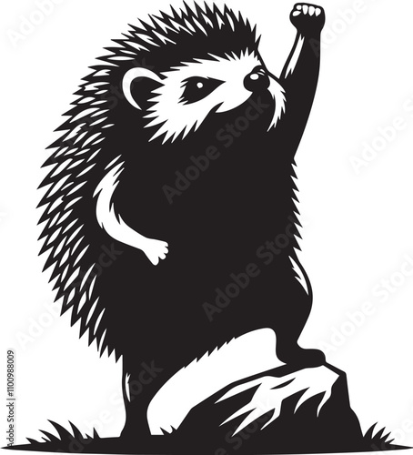 A hedgehog standing triumphantly on a rock vector silhouette