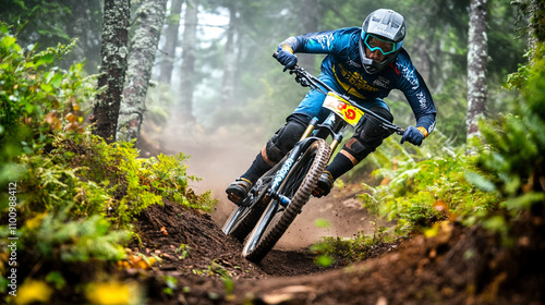 Mountain biker navigating a foggy forest trail during a competitive race event