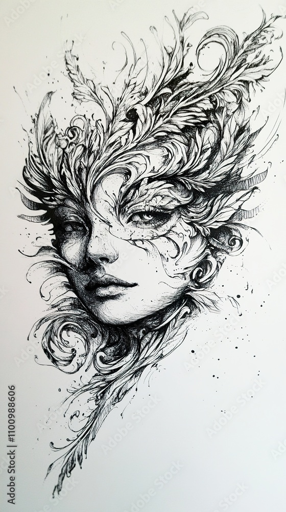 Fototapeta premium Intricate Pen and Ink Drawing of a Woman's Face Adorned with Floral Designs