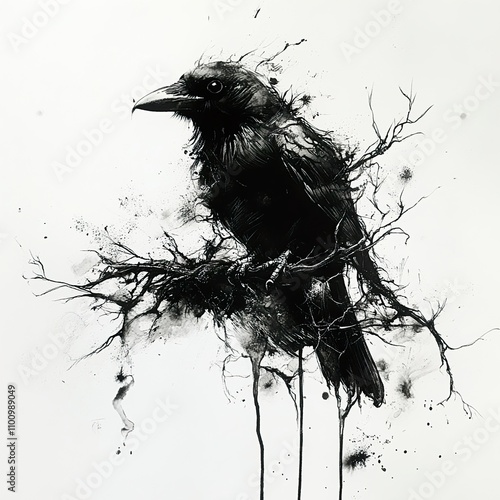 Mysterious Crow in a Dark, Abstract Ink Drawing photo