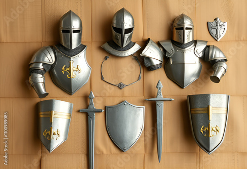 knight's armor notes in the shape of armor pieces, chevalier, armure, mediéval, casque, guerrier, metals, militaire, guerre, bouclier, ancie photo