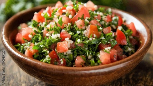 Fresh and Colorful Salad with Chopped Greens, Tomato, and Herbs in a Rustic Wooden Bowl for Healthy Eating and Mediterranean Cuisine Inspiration