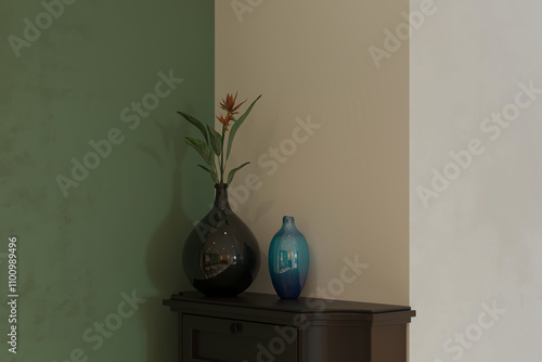 Beautiful potted fern and accessories on wooden cabinet in kitchen entry way.