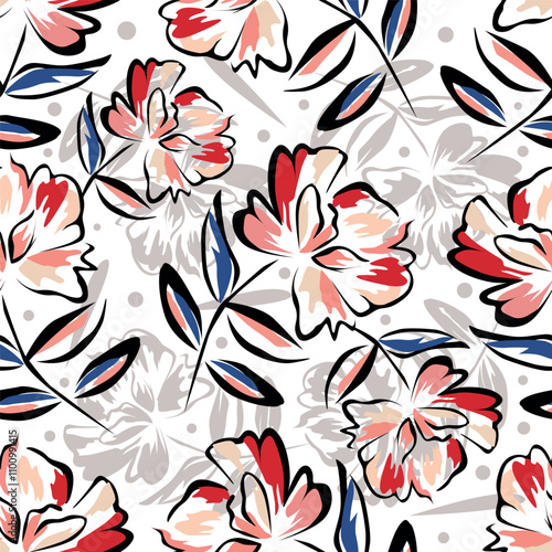 Trendy Floral pattern in the many kind of flowers. Tropical botanical Motifs scattered random. Seamless vector texture. Printing with in hand drawn style on dark background