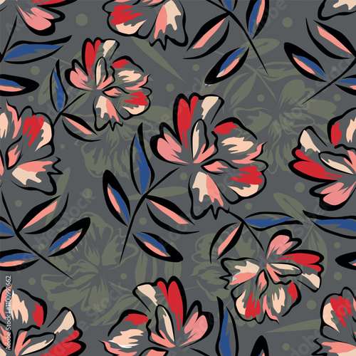 Trendy Floral pattern in the many kind of flowers. Tropical botanical Motifs scattered random. Seamless vector texture. Printing with in hand drawn style on dark background