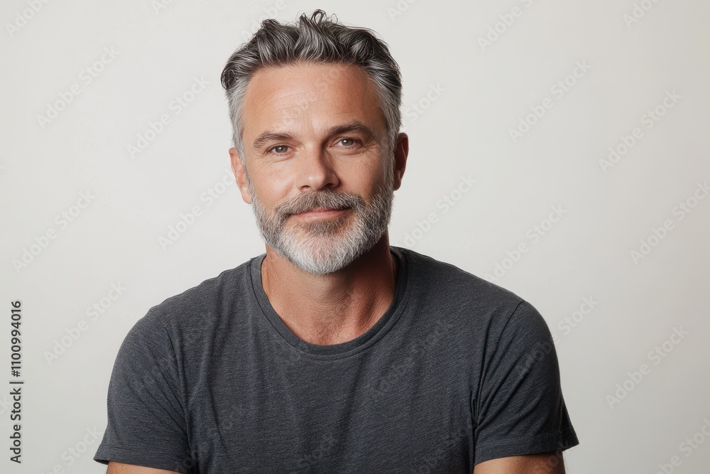 Obraz premium Happy middle aged 45 years old man isolated on white studio background. Confident mature handsome bearded gray haired