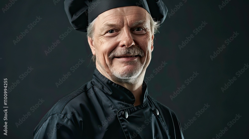 Obraz premium A portrait of a chef wearing a black uniform and hat.