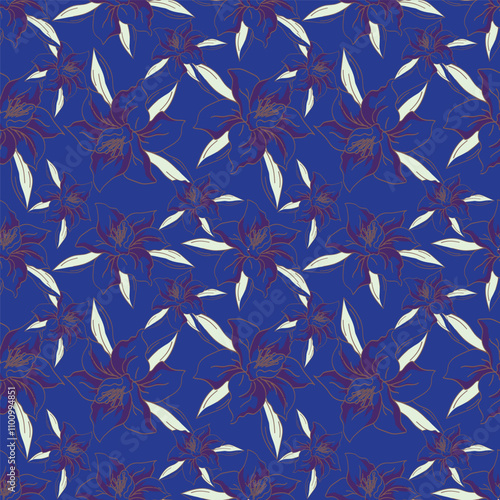 Trendy Floral pattern in the many kind of flowers. Tropical botanical Motifs scattered random. Seamless vector texture. Printing with in hand drawn style on dark background