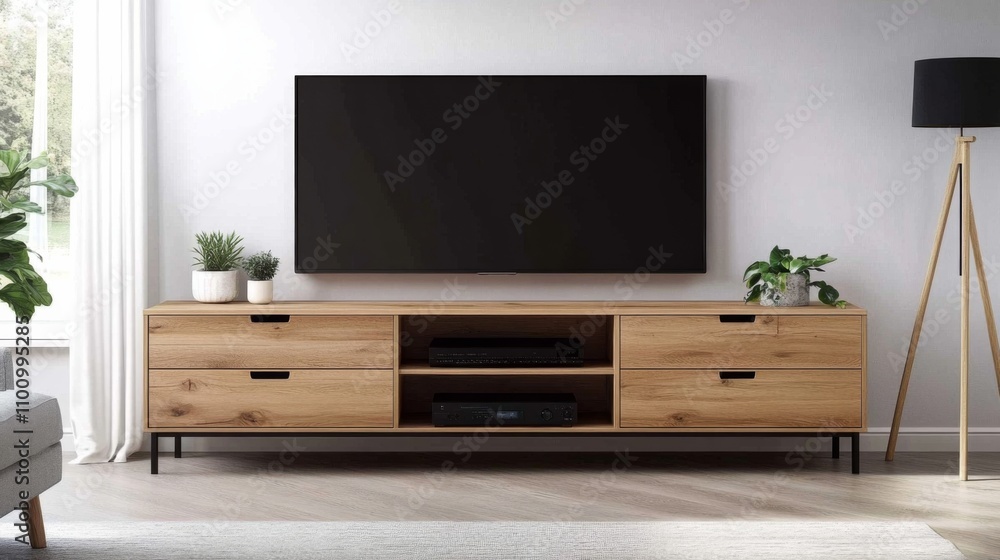 Modern Living Room Decor with Wall-Mounted TV and Minimalist Design Mockup on White Background Modern Living Room Decor with Wall-Mounted TV and Minimalist Design Mockup on White Background