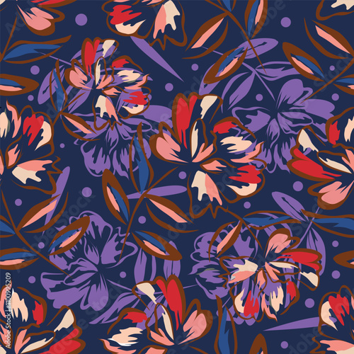 Trendy Floral pattern in the many kind of flowers. Tropical botanical Motifs scattered random. Seamless vector texture. Printing with in hand drawn style on dark background