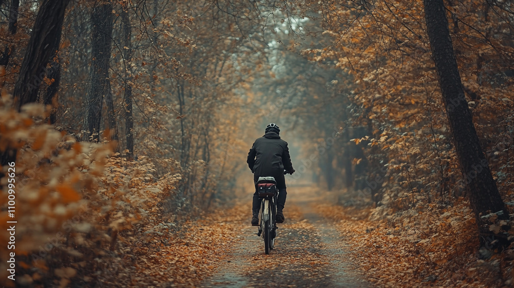 Obraz premium Bicyclist rides through autumn forest trail lined with orange and yellow leaves