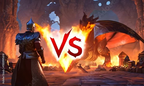 A medieval knight facing a fierce dragon in a fiery battlefield with VS text, symbolizing an epic fantasy battle. photo