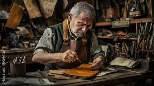 Middle-aged man handcrafting leather wallet. photo