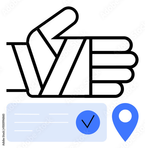 Thumbs up gesture with blue check mark in a circle and map location pin. Ideal for approval, positive feedback, reviews, verified content, social media, navigation, recommendations. Line metaphor