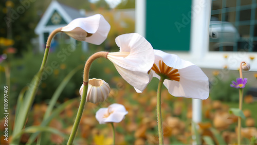 Distinctive papery seed pods (silicles), seeds of honesty or annual honesty (Lunaria annua). Dutch garden in autumn colors in the background. Autumn, October, Netherlands photo