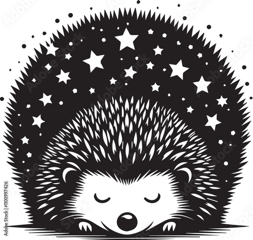 A sleepy hedgehog under a starry sky vector silhouette