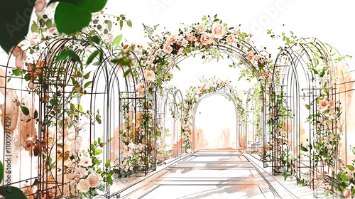 Watercolor Wedding Invitation Card Design Featuring a Garden Arch Outdoor Venue Floral Background Romantic Concept