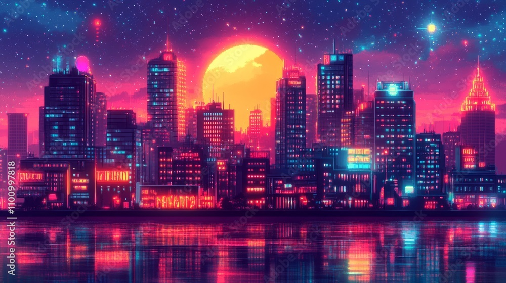Fototapeta premium Retro video game scene It is a city where avatars go to fight. 