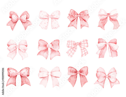 Watercolor Illustration Set of Pink Bow