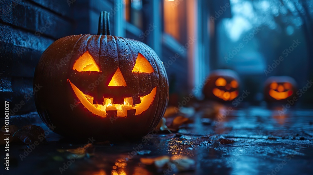 Glowing carved pumpkins on a front porch at night, creating a spooky Halloween vibe. Glowing carved pumpkins on a front porch at night, creating a spooky Halloween vibe.