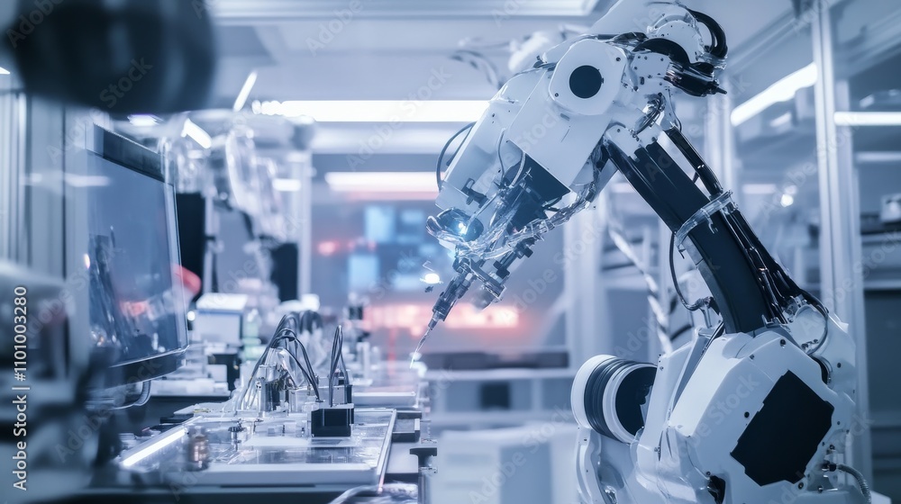 A robot performing complex tasks in a space exploration lab with zero-gravity simulation and advanced scientific equipment, Space tech style, photo of A robot performing complex tasks in a space exploration lab with zero-gravity simulation and advanced scientific equipment, Space tech style, photo of