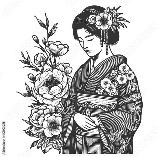 geisha in traditional kimono, surrounded by detailed blooming flowers and foliage sketch engraving generative ai fictional character vector illustration. Scratch board imitation. Black and white image