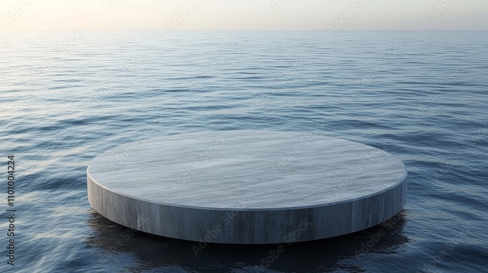 Minimalist circular podium floating on a calm ocean with a hazy sunrise background.