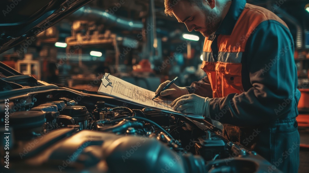 Mechanic analyzing car diagnostics, writing results on a checklist, Mechanic analyzing car diagnostics, writing results on a checklist,