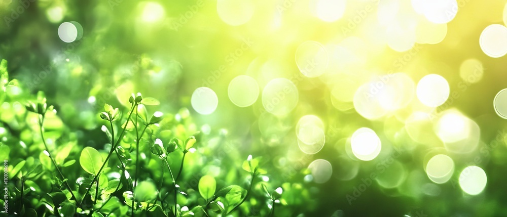 Fototapeta premium Spring abstract background banner with lush green tones and blurred bokeh lights ideal for nature-inspired designs and creative projects