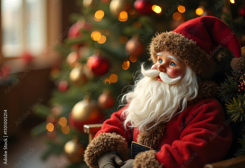 festive Santa Claus doll with fluffy beard and red outfit sits near beautifully decorated Christmas tree, radiating holiday cheer and warmth festive Santa Claus doll with fluffy beard and red outfit sits near beautifully decorated Christmas tree, radiating holiday cheer and warmth
