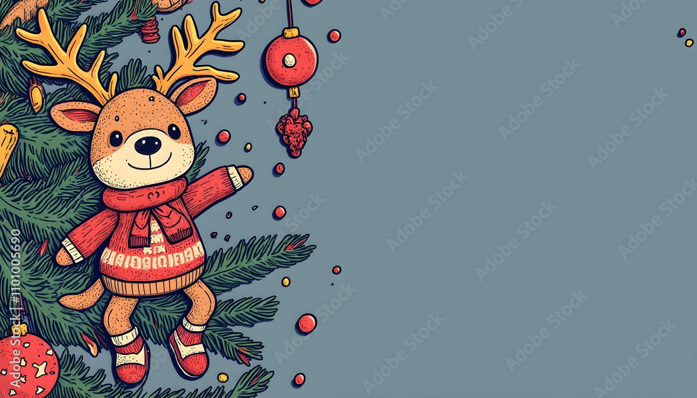 Fototapeta premium Cute knitted reindeer doll hanging on Christmas tree, surrounded by festive ornaments and decorations, evoking joyful holiday spirit