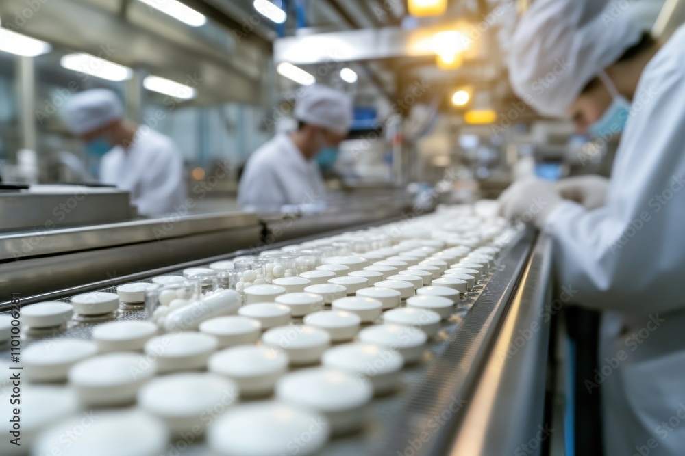 Rows of white pills on a conveyor belt inside a sterile pharmaceutical production line Rows of white pills on a conveyor belt inside a sterile pharmaceutical production line