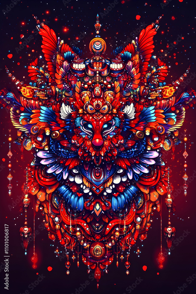 Intricate red and blue mythical creature design with ornate details. Intricate red and blue mythical creature design with ornate details.