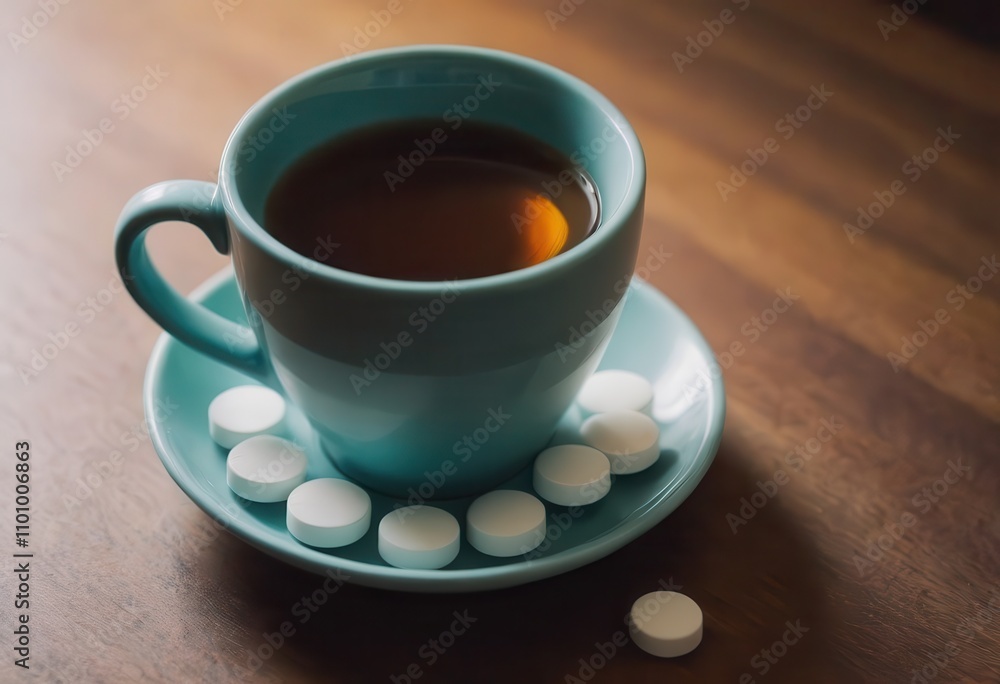 A steaming cup of coffee accompanied by pills resting on a wooden table A steaming cup of coffee accompanied by pills resting on a wooden table