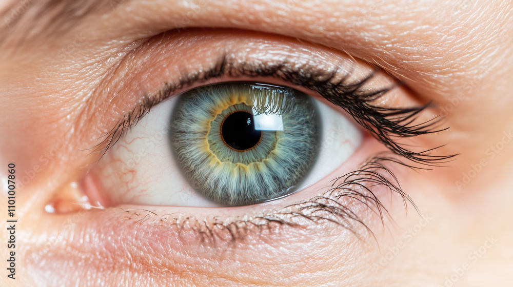 A macro close up of a green and yellow human eye with intricate iris details, clear reflection, and defined lashes. A macro close up of a green and yellow human eye with intricate iris details, clear reflection, and defined lashes.