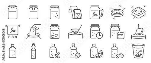 Kombucha tea icon set. It included contexts such as probiotic, yeast, drink, beverage, healthy drink, and more. Editable Vector Stroke.