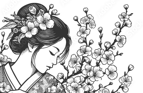 geisha in traditional kimono, surrounded by detailed blooming flowers and foliage sketch engraving generative ai fictional character vector illustration. Scratch board imitation. Black and white image