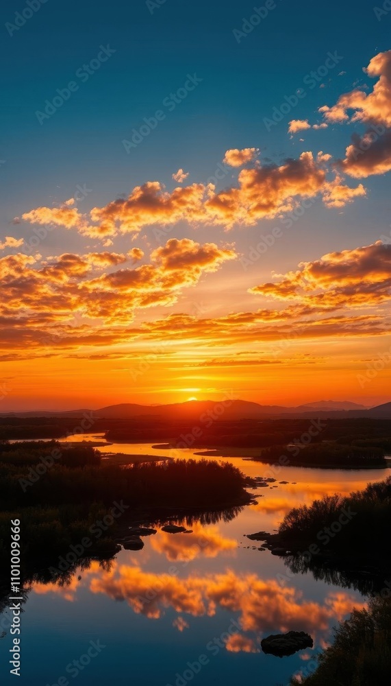 a view of a sunset over a lake with a few clouds a view of a sunset over a lake with a few clouds