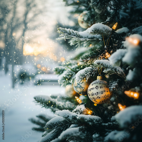 closeup of a green christmaas tree with music notation ornaments in a bright outdoor white snowy scene photo