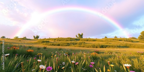 Pastel rainbow arched over a peaceful meadow filled with wildflowers and greenery, peaceful meadow, gentle colors, natural scenery photo