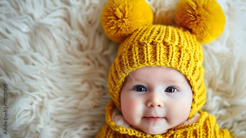 A cute baby hat in bright yellow with pom-poms photo