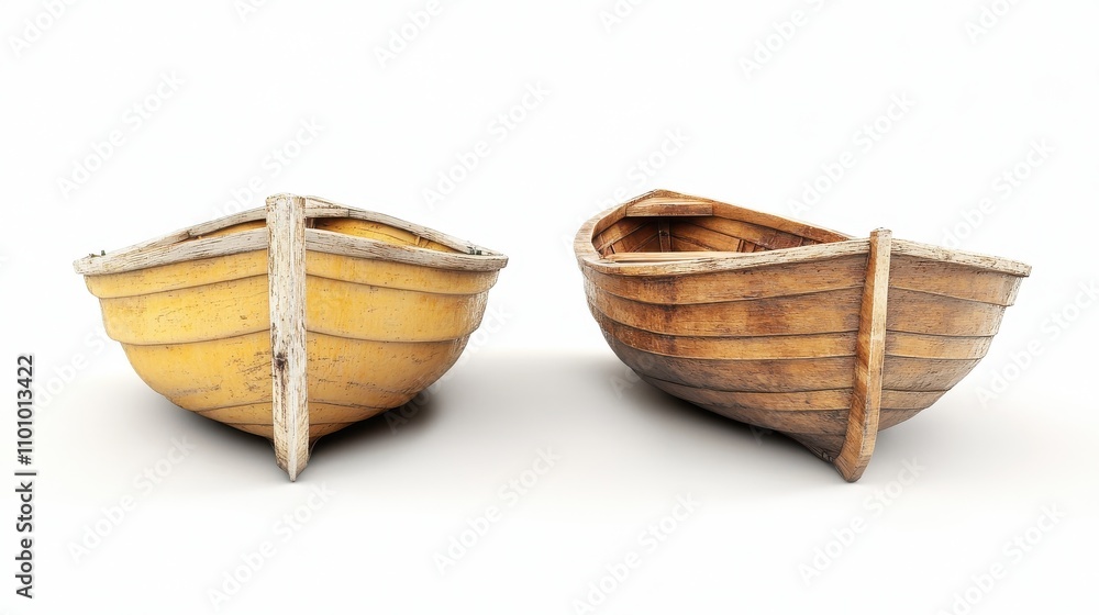 Obraz premium Two wooden boats one in a warm yellowish tone and the other with a polished brown finish