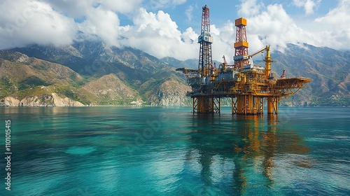 Oil rigs dominate a bay, showcasing the ongoing reliance on fossil fuels amidst environmental concerns. photo