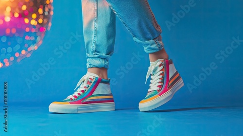 Retro multi-colored high-top sneakers with disco ball. photo