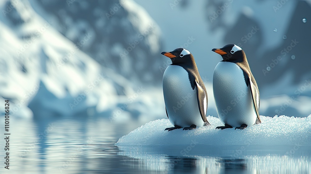 Obraz premium Penguins on an iceberg symbolize the beauty and fragility of life in extreme environments.